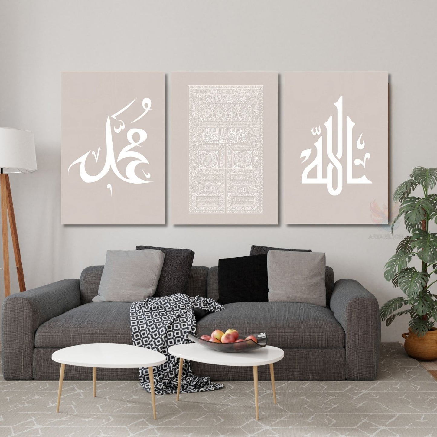 Dikey 3'lü Kanvas Tablo Allah Hz Muhammed Kabe Kapısı Soft İslami Manevi Dini Duvar Tablosu