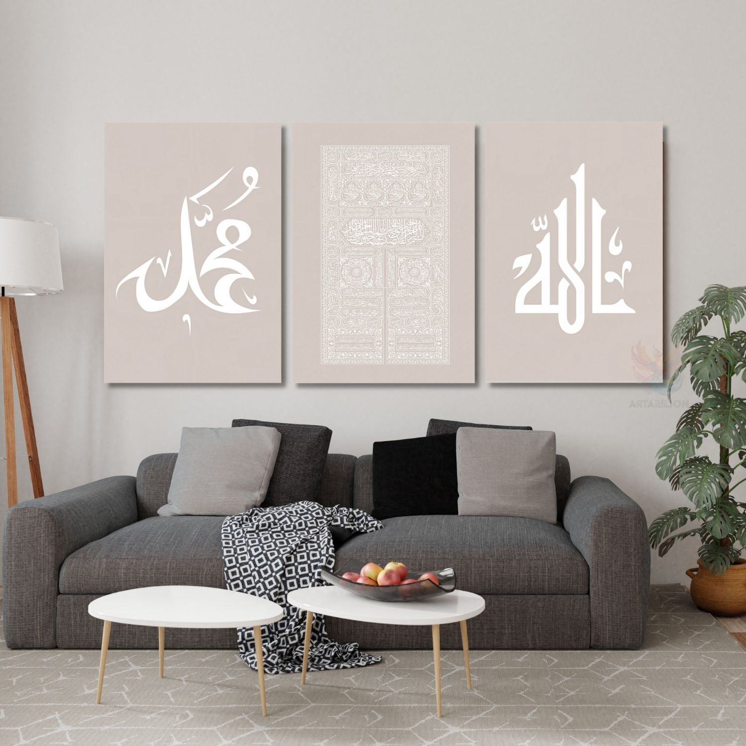 Allah Hz Muhammed Kabe Kapısı Soft İslami Manevi Dini Dikey 3'lü Kanvas Tablo Seti