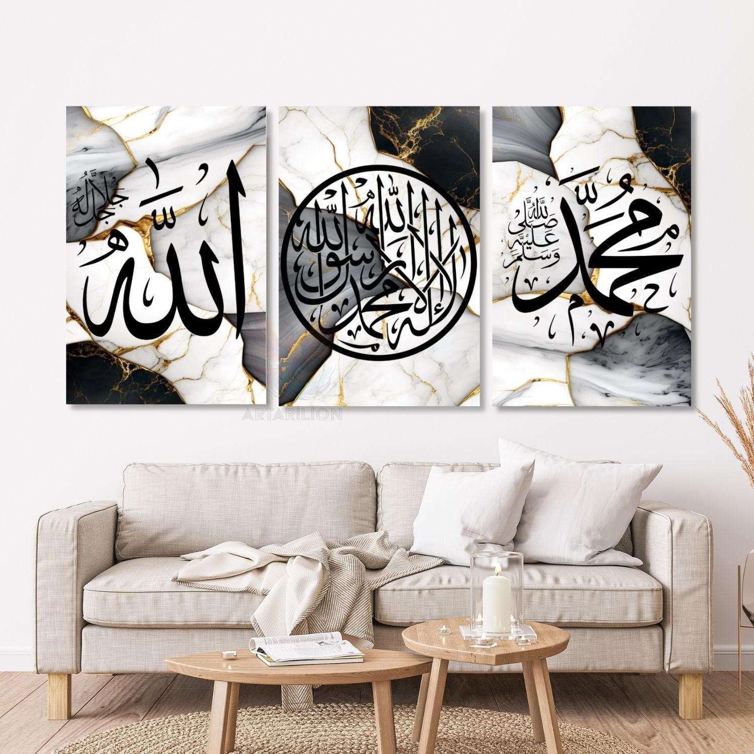 Allah Kelime-i Şahadet Hz. Muhammed Mermer Görünümlü Dini Dikey 3'lü Kanvas Tablo Seti