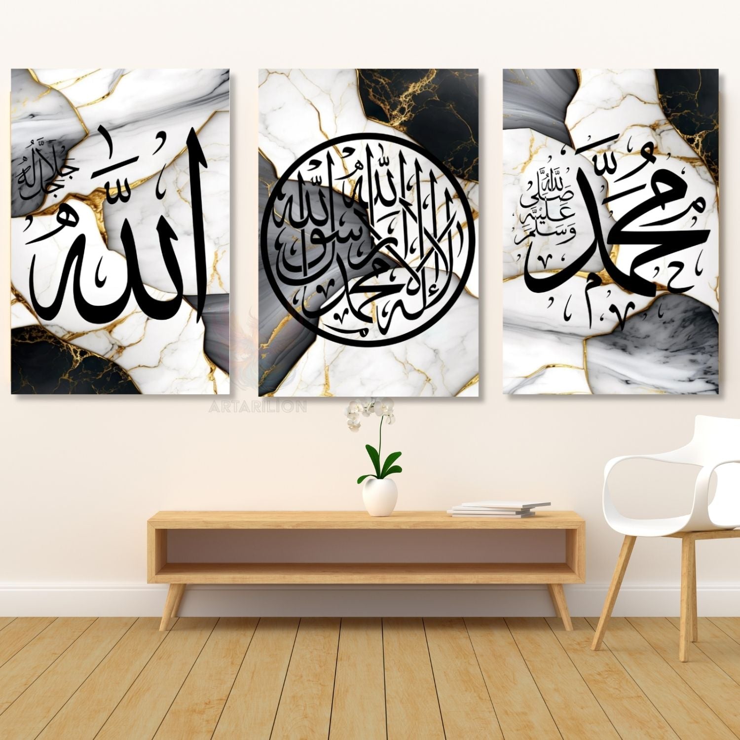 Allah Kelime-i Şahadet Hz. Muhammed Mermer Görünümlü Dini Dikey 3'lü Kanvas Tablo Seti