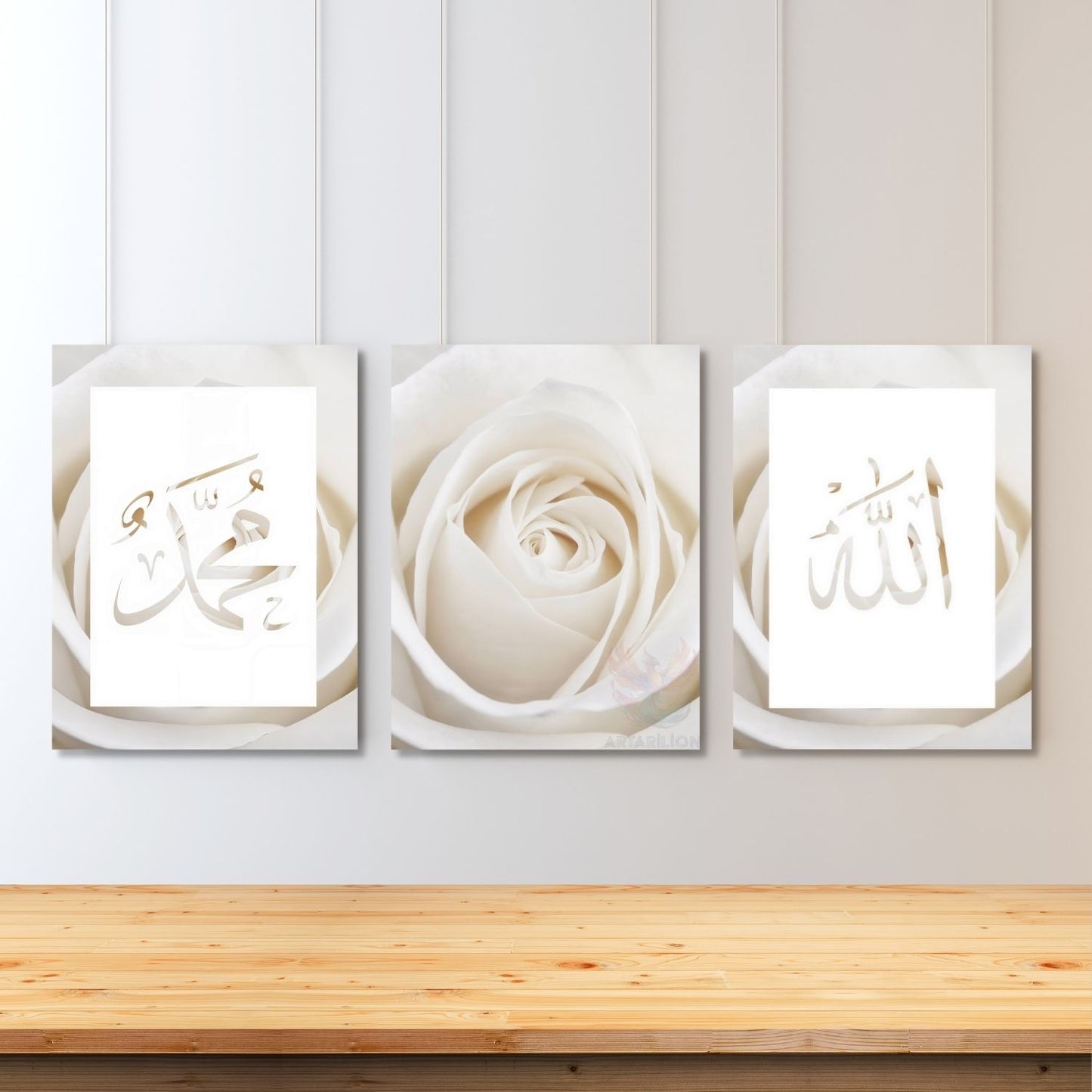 Dikey 3'lü Kanvas Tablo Allah Hz.Muhammed Beyaz Gül Dini Manevi İslami Duvar Salon Tablosu