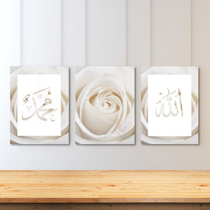Dikey 3'lü Kanvas Tablo Allah Hz.Muhammed Beyaz Gül Dini Manevi İslami Duvar Salon Tablosu