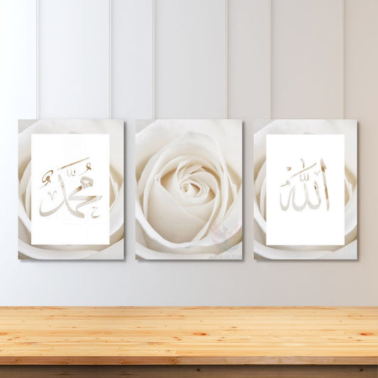 Dikey 3'lü Kanvas Tablo Allah Hz.Muhammed Beyaz Gül Dini Manevi İslami Duvar Salon Tablosu