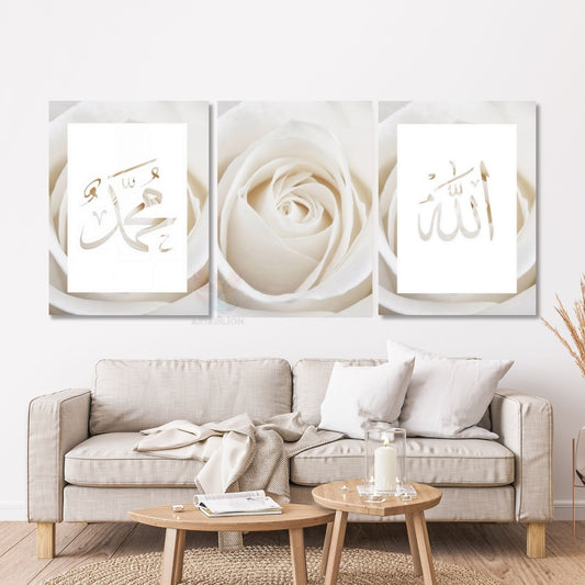 Dikey 3'lü Kanvas Tablo Allah Hz.Muhammed Beyaz Gül Dini Manevi İslami Duvar Salon Tablosu