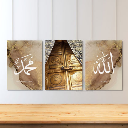 Dikey 3'lü Allah  Hz. Muhammed (SAV)  Kâbe Kapısı 3’lü Kanvas Tablo Seti Dini Manevi Duvar Tablosu