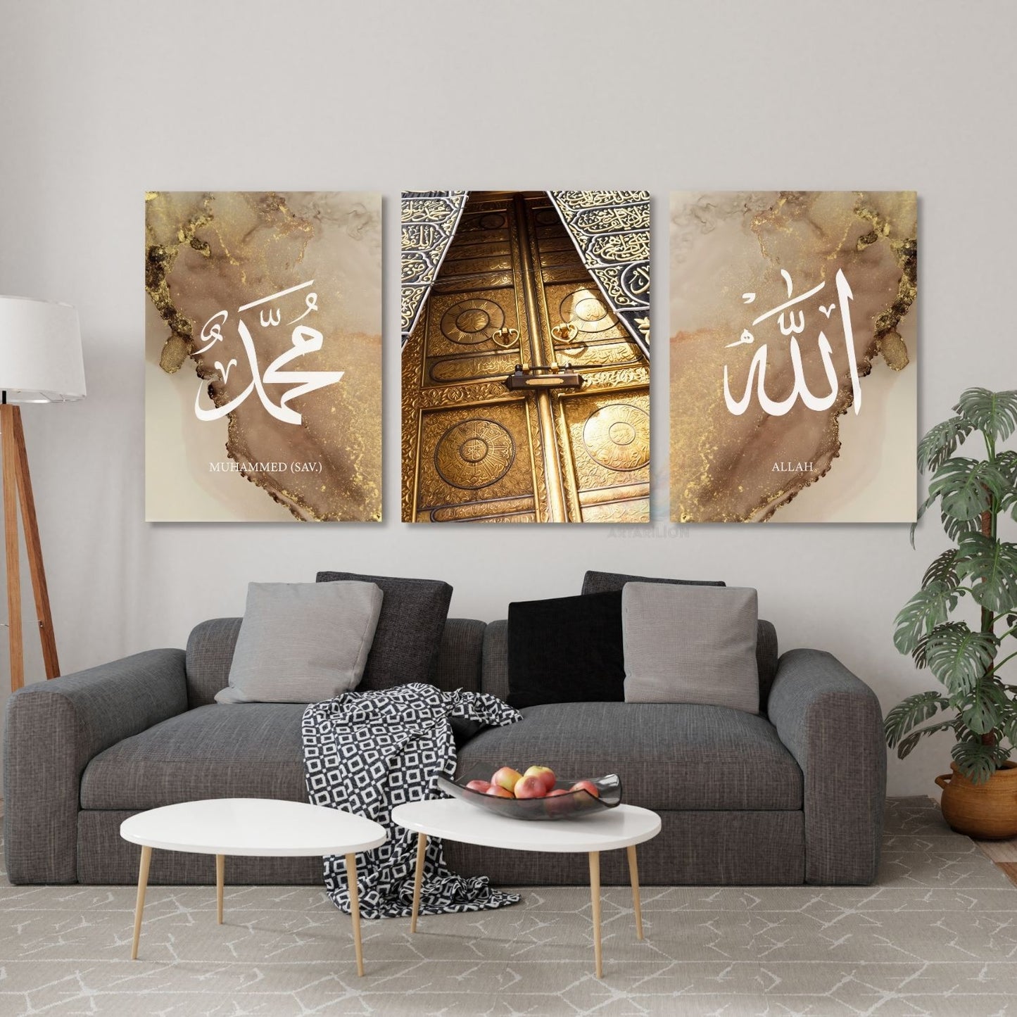 Dikey 3'lü Allah  Hz. Muhammed (SAV)  Kâbe Kapısı 3’lü Kanvas Tablo Seti Dini Manevi Duvar Tablosu