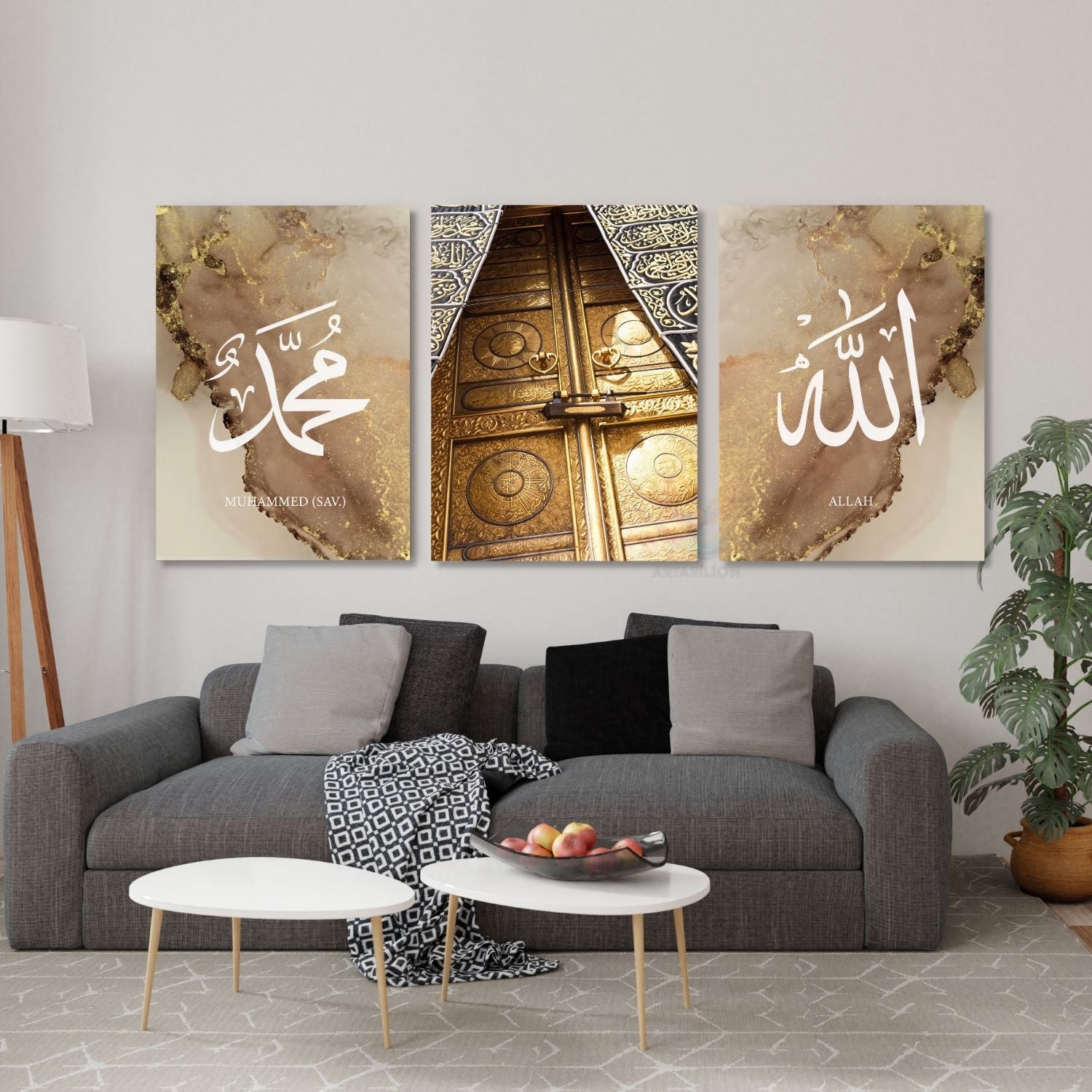 Allah Hz. Muhammed (sav) Kâbe Kapısı Dini Manevi Dikey 3'lü Kanvas Tablo Seti