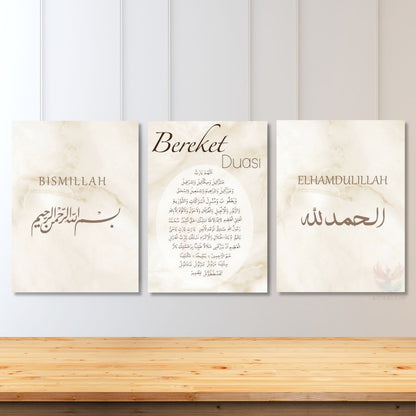 Vertical Set of 3 Canvas Paintings: Bismillah, Elhamdulillah, Praise be to God, Praise be to God, Praise be to God, Religious and Spiritual Gift for Workplace and Home.