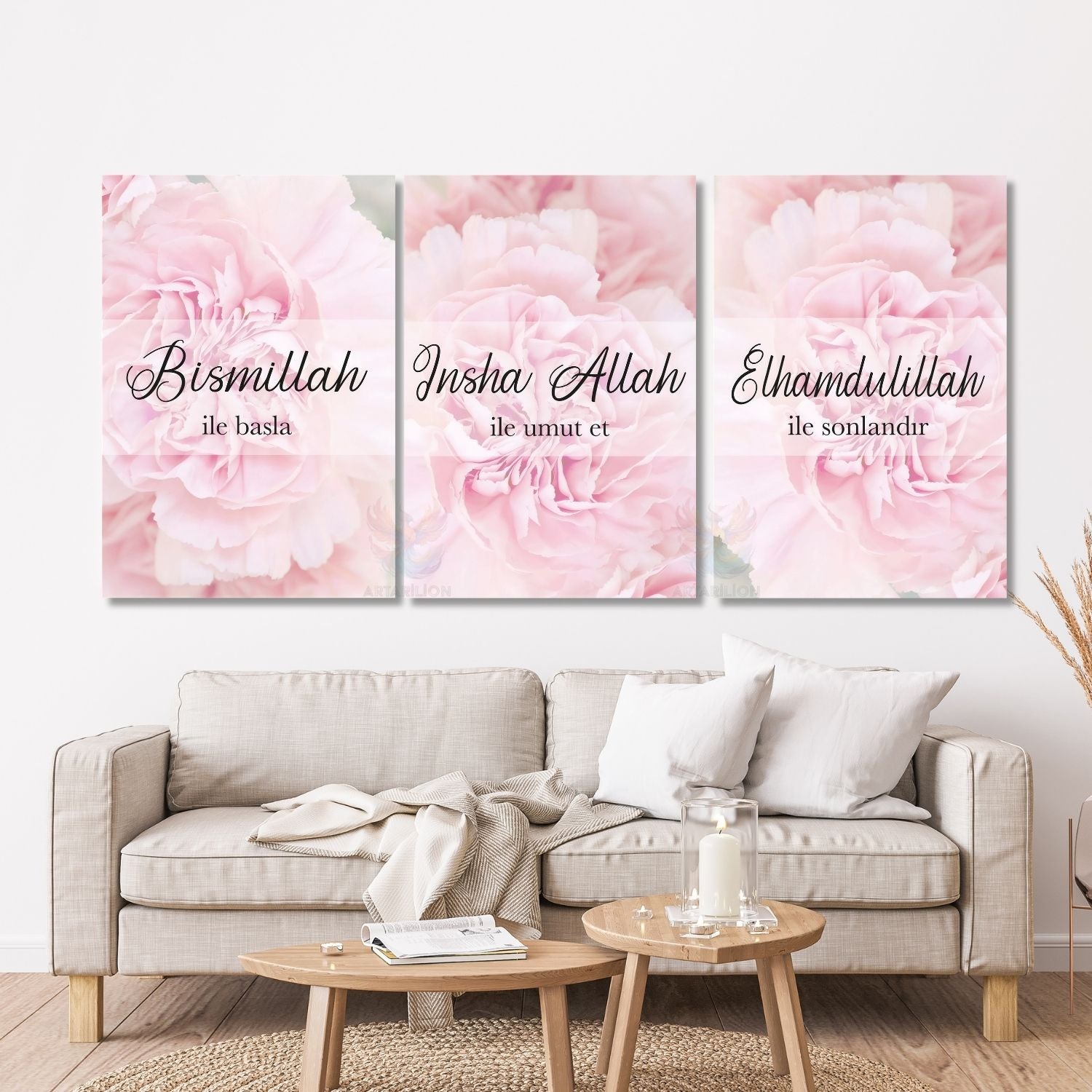 Bismillah İnşallah Elhamdülillah Dini Manevi İslami Dikey 3'lü Kanvas Tablo Seti