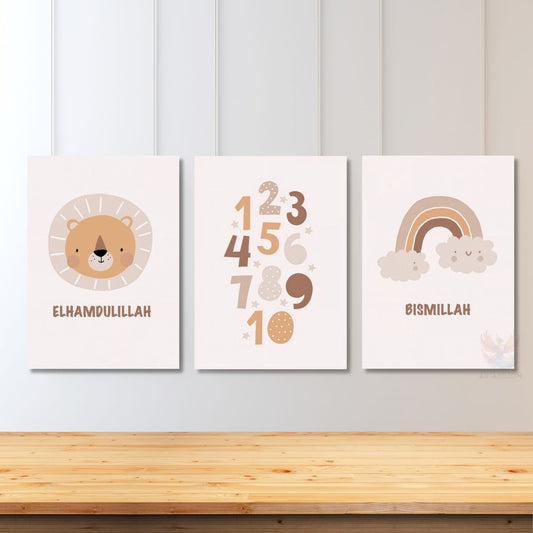 Dikey 3'lü Kanvas Tablo Seti Bismillah Elhamdulillah Sayılar Çocuk Odası Tablosu Manevi İslami Tablo