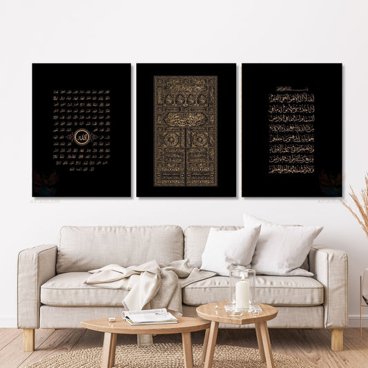 Dikey 3'lü Kanvas Tablo Seti Esma-ül Hüsna Kabe Kapısı Ayetel Kürsi Dini Manevi İslami Tablo Siyah