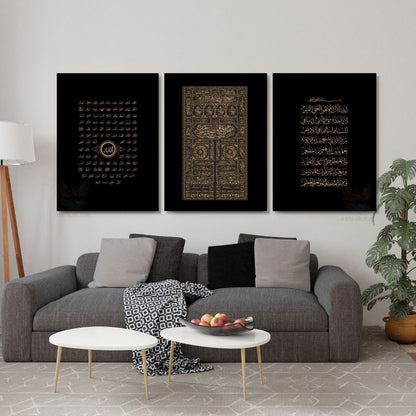 Dikey 3'lü Kanvas Tablo Seti Esma-ül Hüsna Kabe Kapısı Ayetel Kürsi Dini Manevi İslami Tablo Siyah