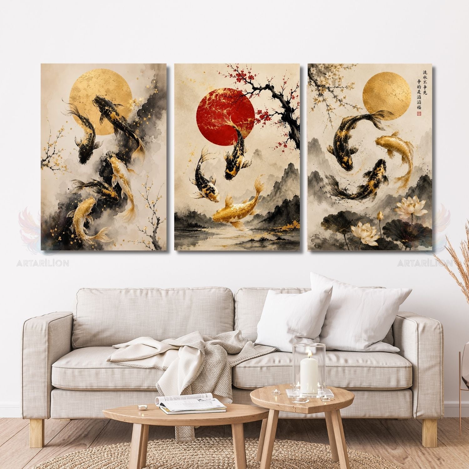 Güneş ve Koi Balıkları Modern Dikey 3'lü Kanvas Tablo Seti