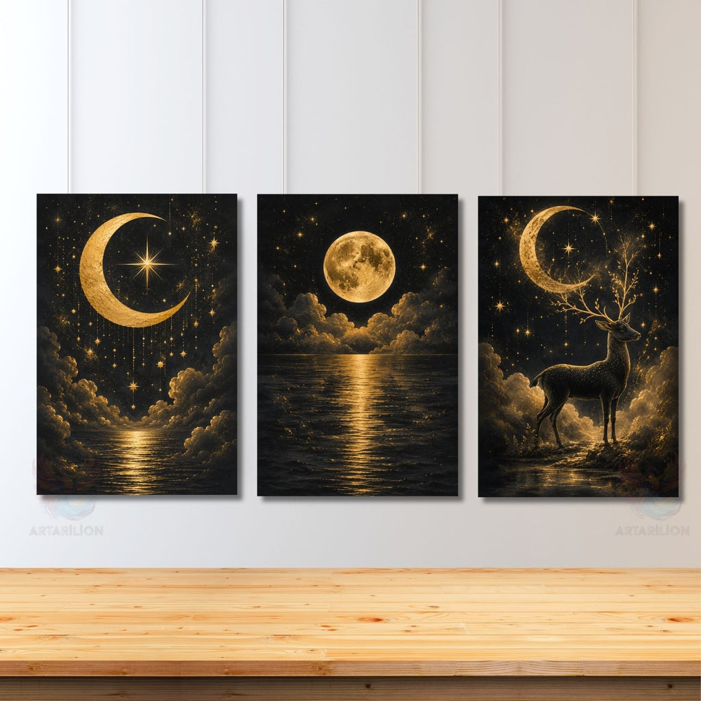 Mistik Gece Gökyüzü Geyik Ay Yıldızlar Dikey 3'lü Kanvas Tablo Seti