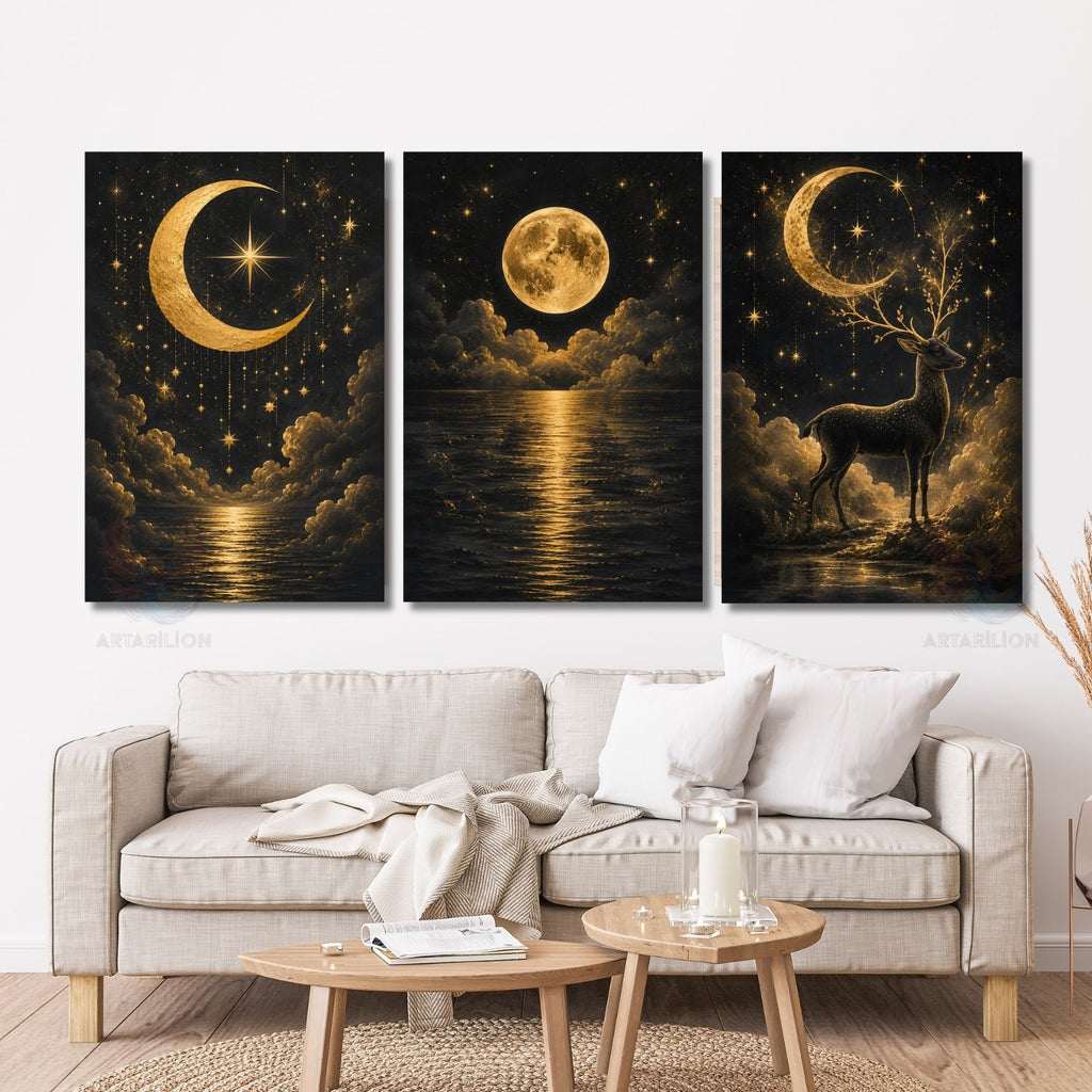 Mistik Gece Gökyüzü Geyik Ay Yıldızlar Dikey 3'lü Kanvas Tablo Seti