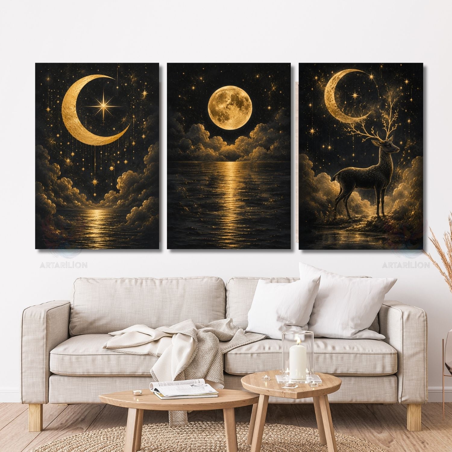 Mistik Gece Gökyüzü Geyik Ay Yıldızlar Dikey 3'lü Kanvas Tablo Seti