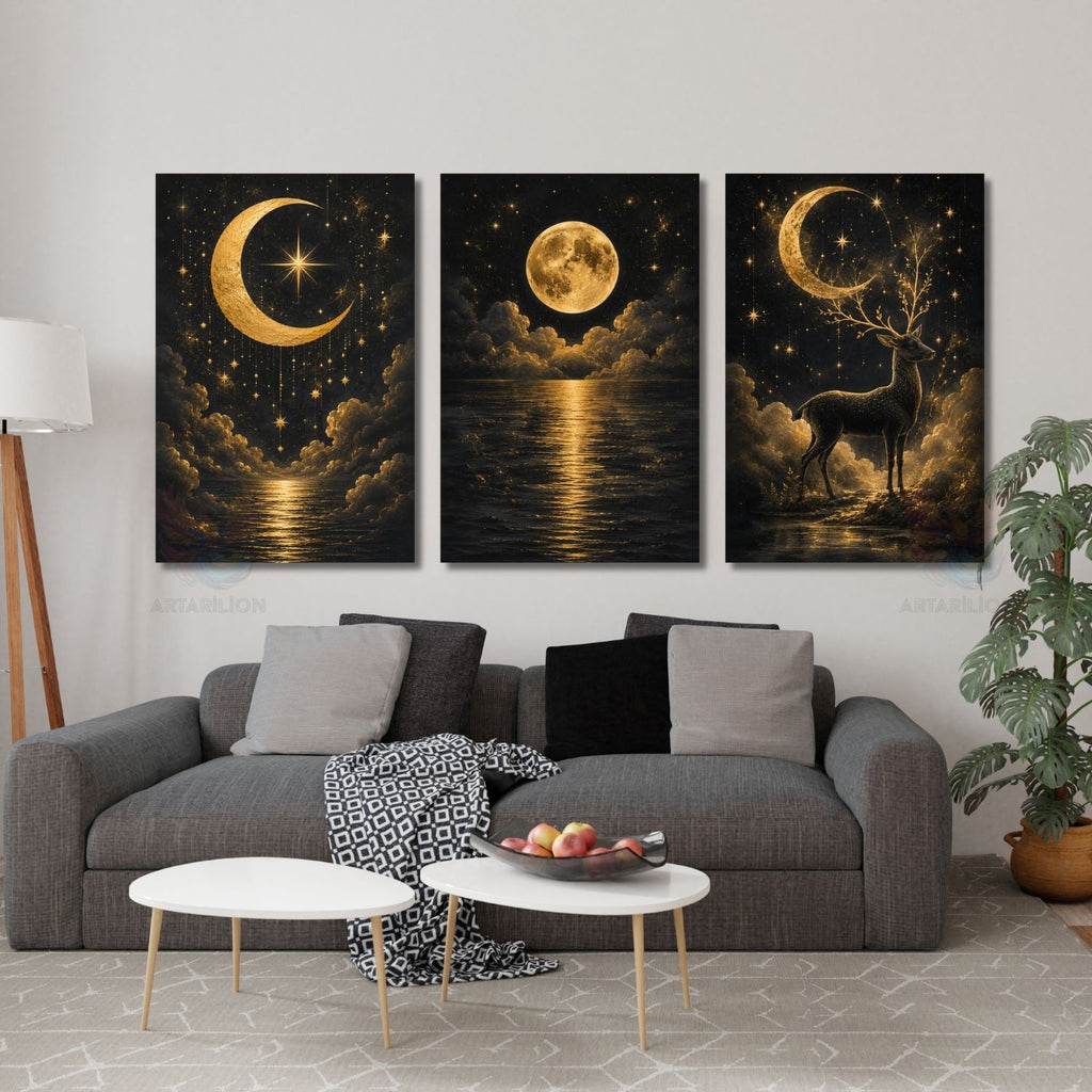 Mistik Gece Gökyüzü Geyik Ay Yıldızlar Dikey 3'lü Kanvas Tablo Seti