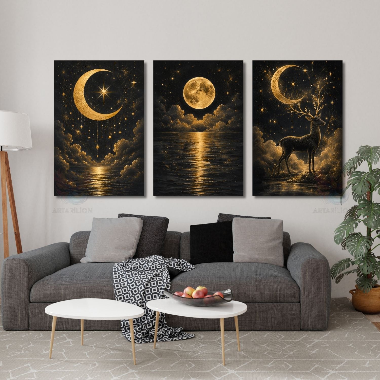 Mistik Gece Gökyüzü Geyik Ay Yıldızlar Dikey 3'lü Kanvas Tablo Seti