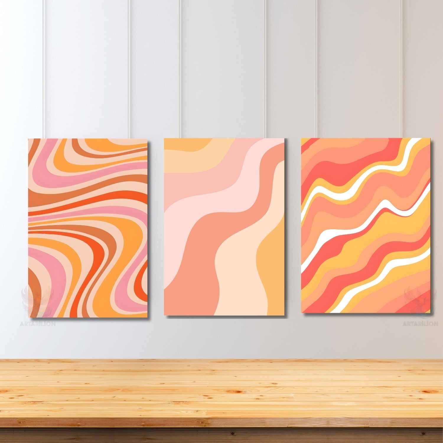Pembe Turuncu Renkli Kıvrımlar Modern Minimalist Dikey 3'lü Kanvas Tablo Seti
