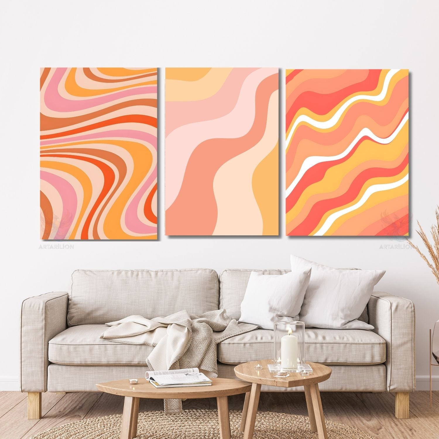 Pembe Turuncu Renkli Kıvrımlar Modern Minimalist Dikey 3'lü Kanvas Tablo Seti