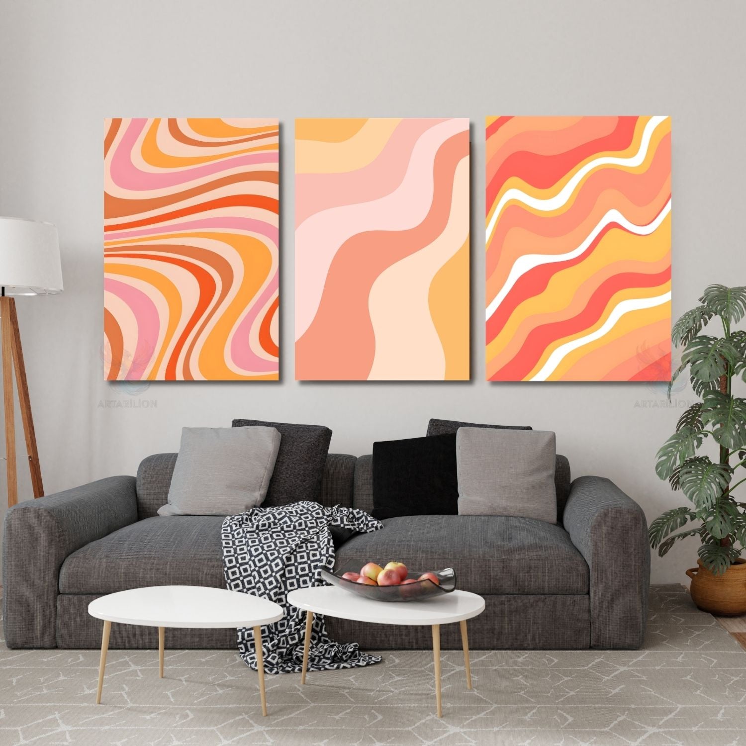 Pembe Turuncu Renkli Kıvrımlar Modern Minimalist Dikey 3'lü Kanvas Tablo Seti