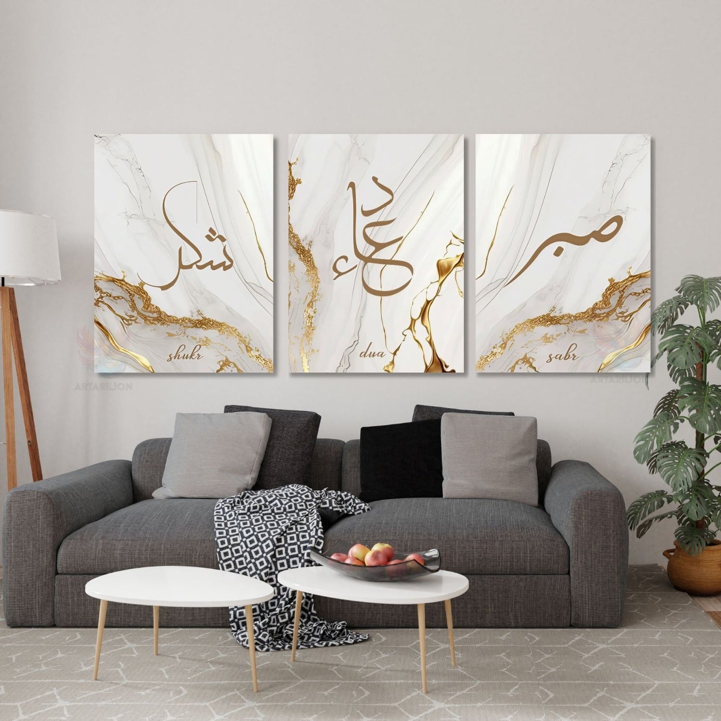 Dikey 3'lü Kanvas Tablo Seti Sabır Şükür Dua Dini Manevi Duvar Salon Tablosu
