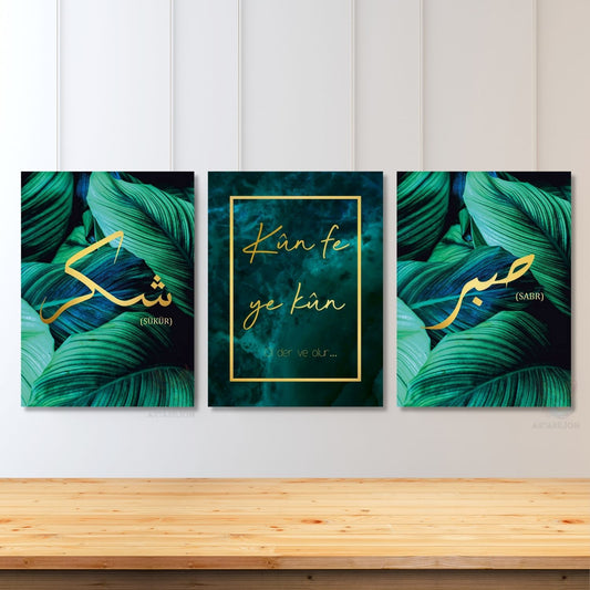 Dikey 3'lü Kanvas Tablo Seti Sabır Şükür Kün Fe Yekun Dini Manevi İslami Duvar Salon Tablosu Yeşil