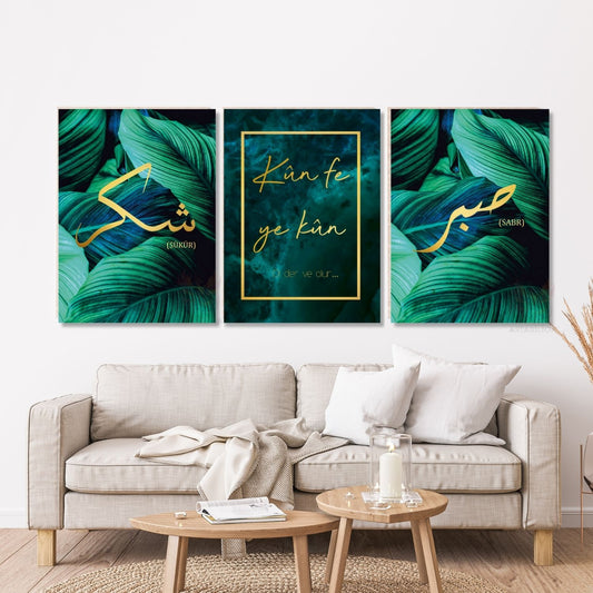Dikey 3'lü Kanvas Tablo Seti Sabır Şükür Kün Fe Yekun Dini Manevi İslami Duvar Salon Tablosu Yeşil