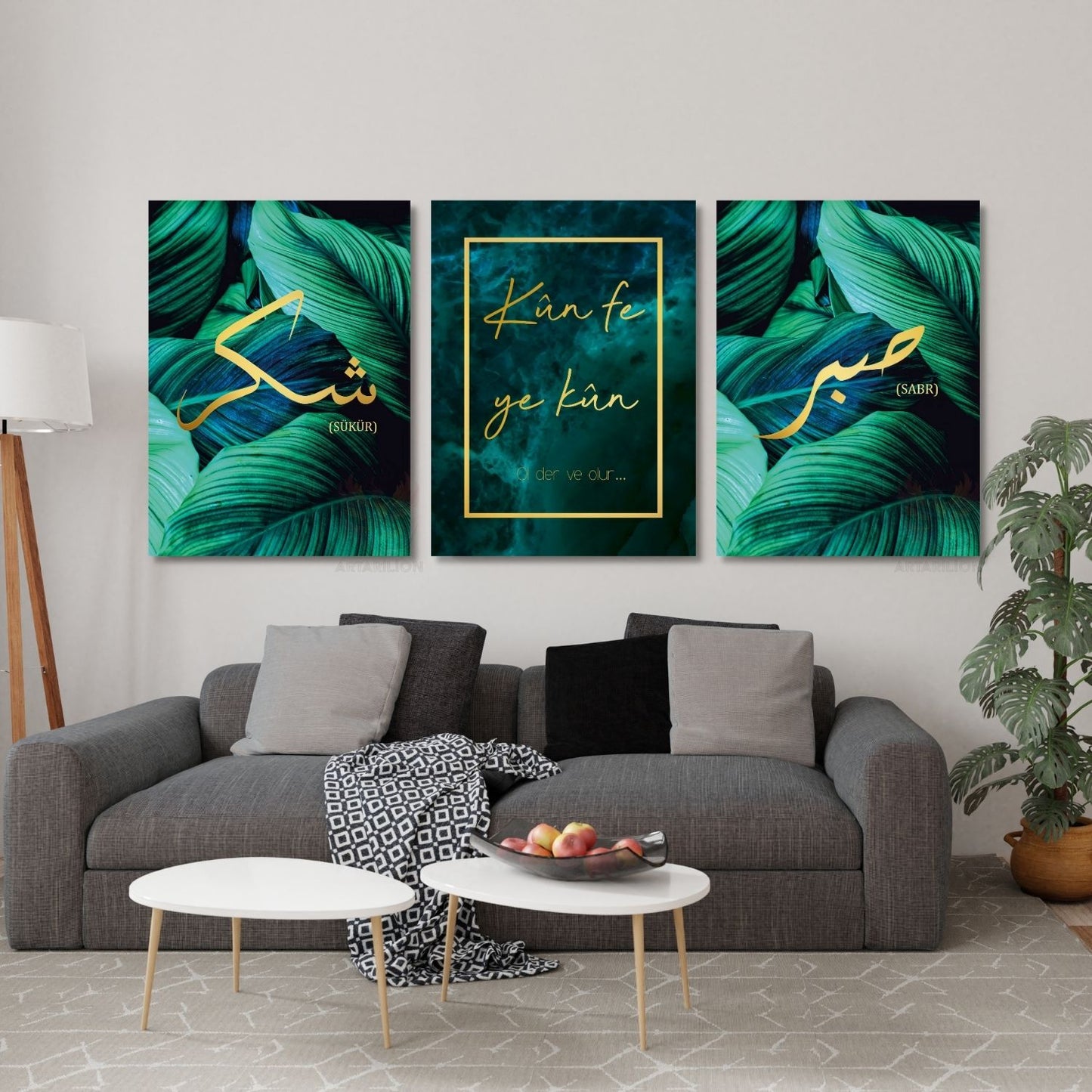 Dikey 3'lü Kanvas Tablo Seti Sabır Şükür Kün Fe Yekun Dini Manevi İslami Duvar Salon Tablosu Yeşil