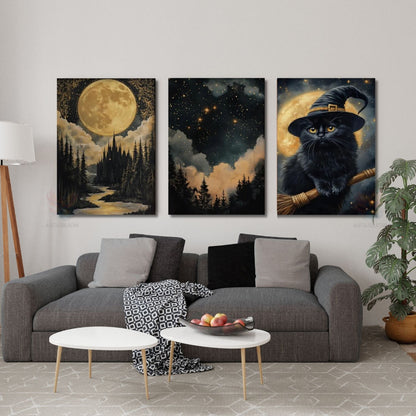 Dikey 3'lü Kanvas Tablo Seti Süpürgeli Siyah Kedi Gece Ay Işığı Duvar Tablosu Ev Salon Tablosu Ev Dekorasyonu