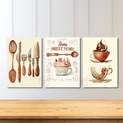 Dikey 3'lü Kanvas Tablo Seti Sweet Home Mutfak Ev Cafe Restoran Tablosu Ev Dekorasyonu Yeni Ev Hediyesi