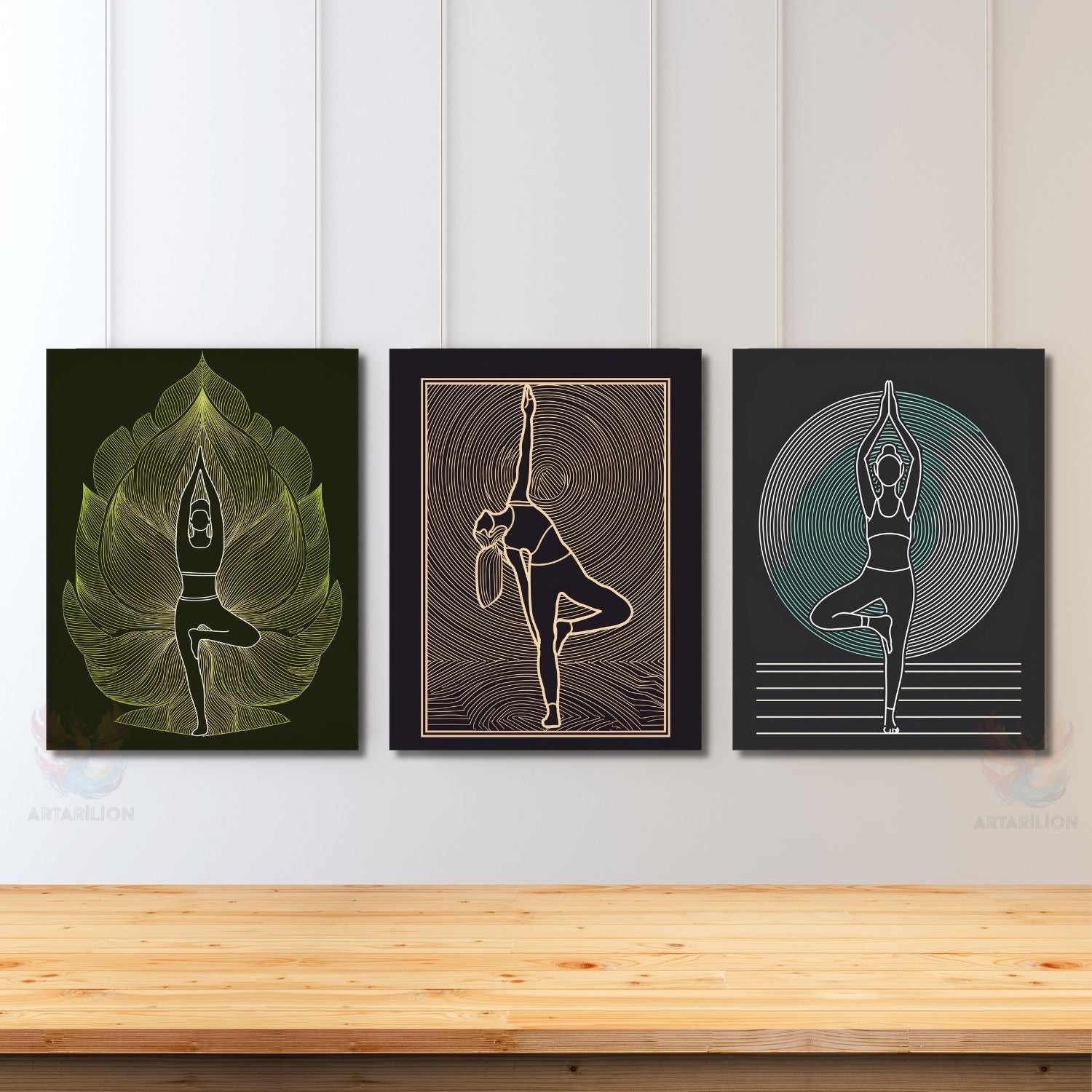 Yoga Pozları Pilates Stüdyo Gym Spor Salonu Dikey 3'lü Kanvas Tablo Seti