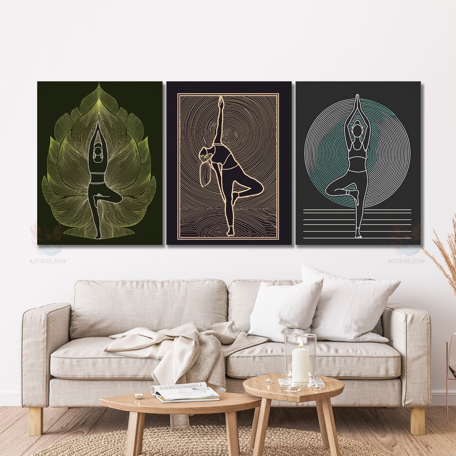 Yoga Pozları Pilates Stüdyo Gym Spor Salonu Dikey 3'lü Kanvas Tablo Seti