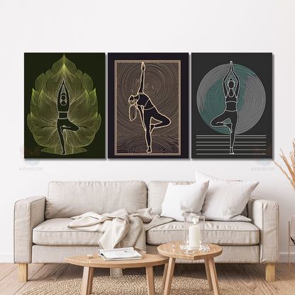 Dikey 3'lü Kanvas Tablo Yoga Pozları Pilates Stüdyo Gym Spor Salonu Duvar Dekoru