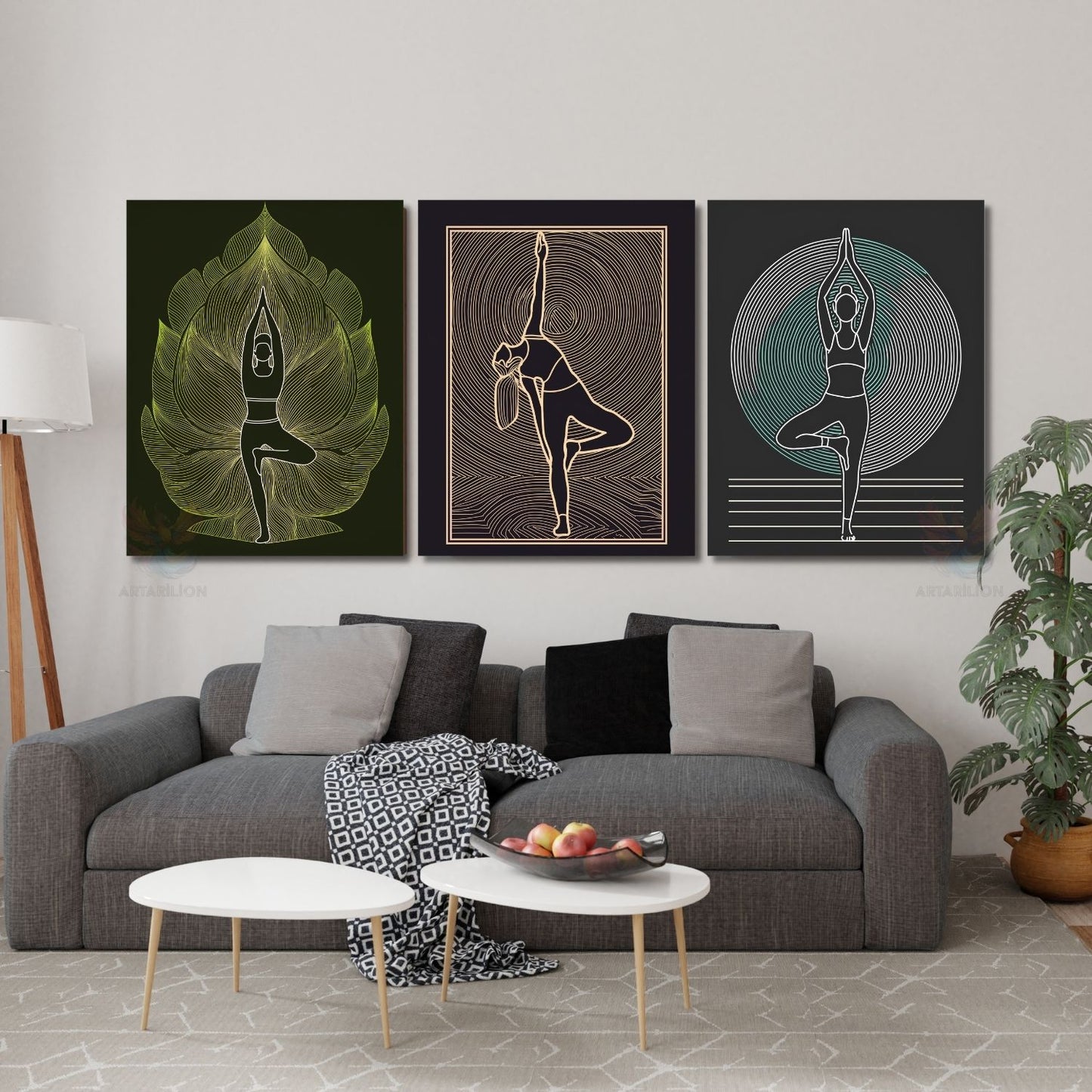 Dikey 3'lü Kanvas Tablo Yoga Pozları Pilates Stüdyo Gym Spor Salonu Duvar Dekoru