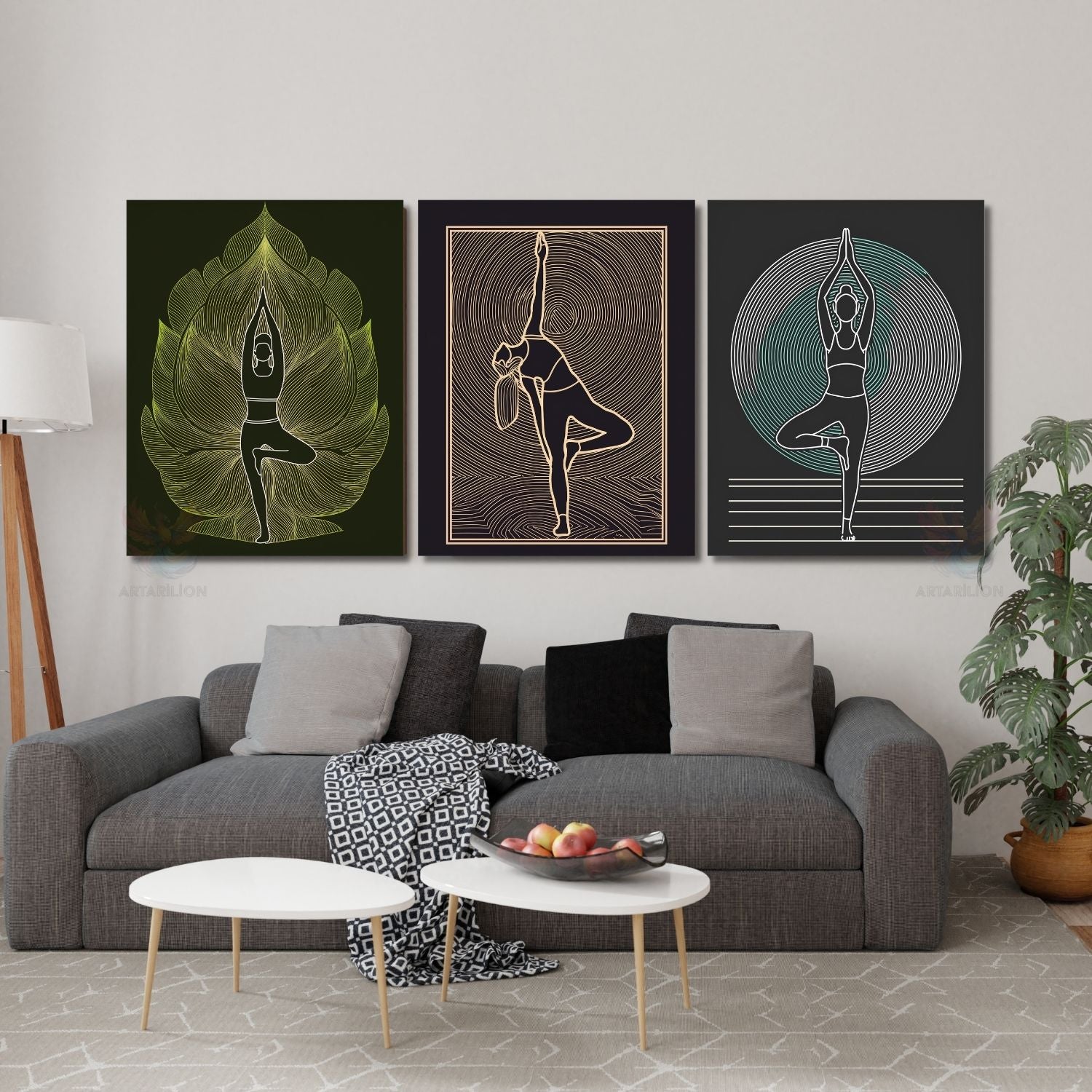 Yoga Pozları Pilates Stüdyo Gym Spor Salonu Dikey 3'lü Kanvas Tablo Seti