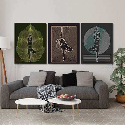 Dikey 3'lü Kanvas Tablo Yoga Pozları Pilates Stüdyo Gym Spor Salonu Duvar Dekoru