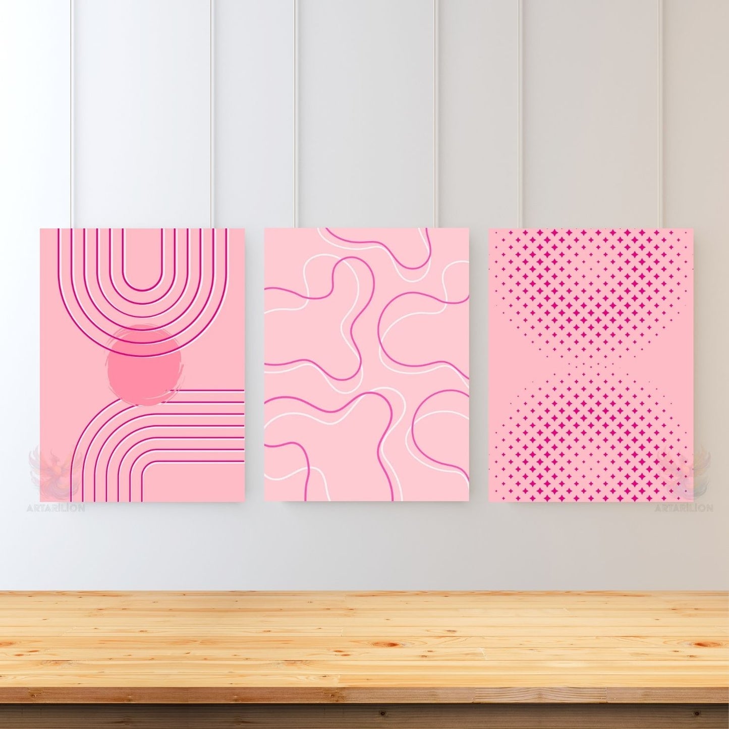 Dikey 3'lü Kanvas Tablo Pembe Boho Line Art Modern Minimalist Duvar Salon Ofis Tablosu
