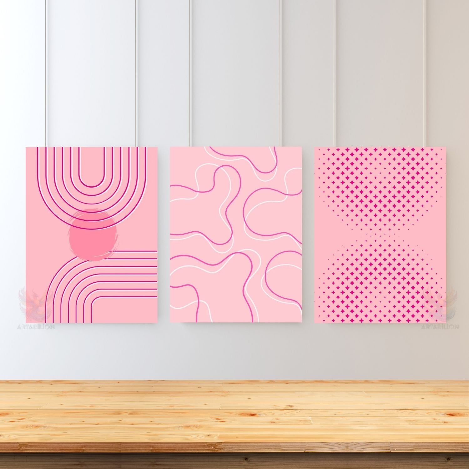 Pembe Boho Line Art Modern Minimalist Duvar Dikey 3'lü Kanvas Tablo Seti