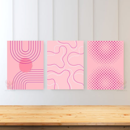 Dikey 3'lü Kanvas Tablo Pembe Boho Line Art Modern Minimalist Duvar Salon Ofis Tablosu