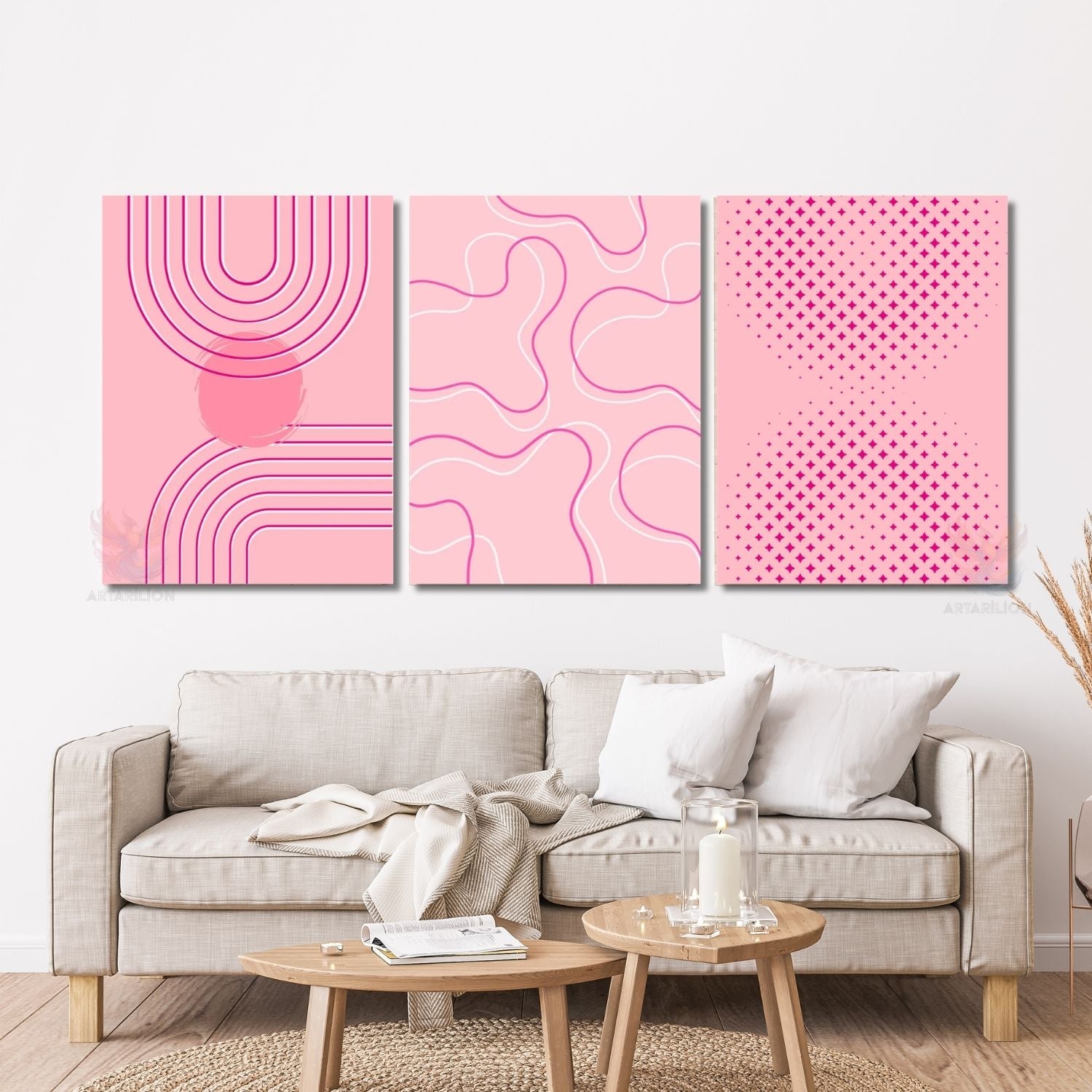 Pembe Boho Line Art Modern Minimalist Duvar Dikey 3'lü Kanvas Tablo Seti