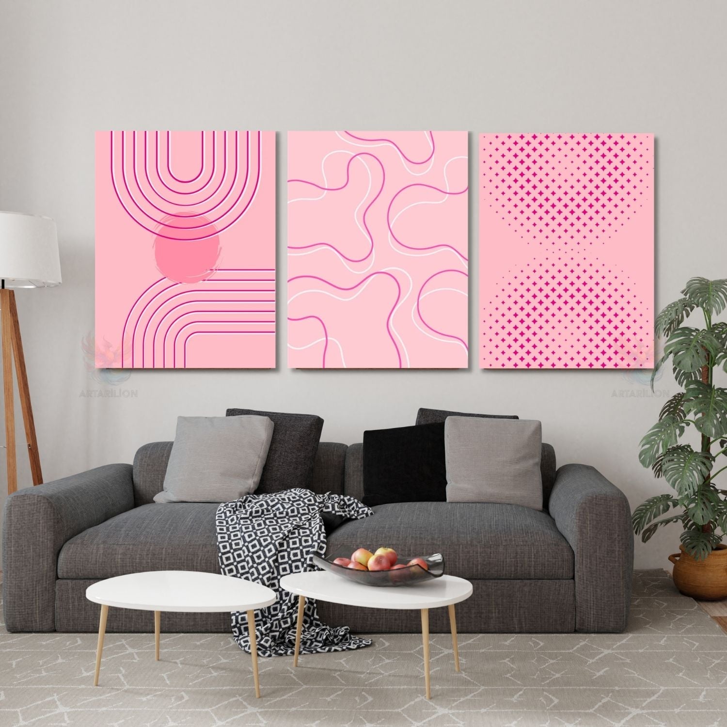 Pembe Boho Line Art Modern Minimalist Duvar Dikey 3'lü Kanvas Tablo Seti