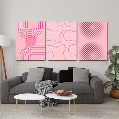 Dikey 3'lü Kanvas Tablo Pembe Boho Line Art Modern Minimalist Duvar Salon Ofis Tablosu