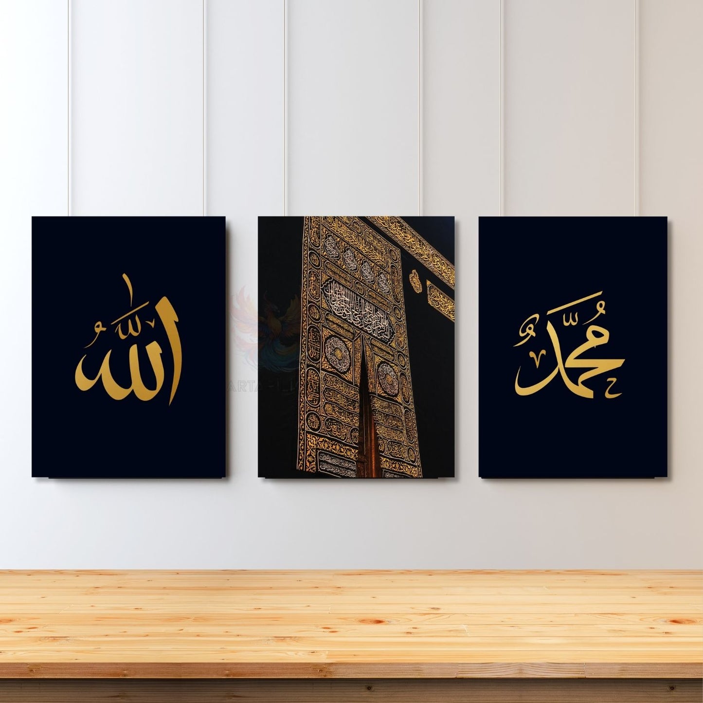 Vertical Triple Canvas Painting: Allah, Prophet Muhammad, Kaaba Gate, Spiritual Religious Wall Art, Living Room Painting