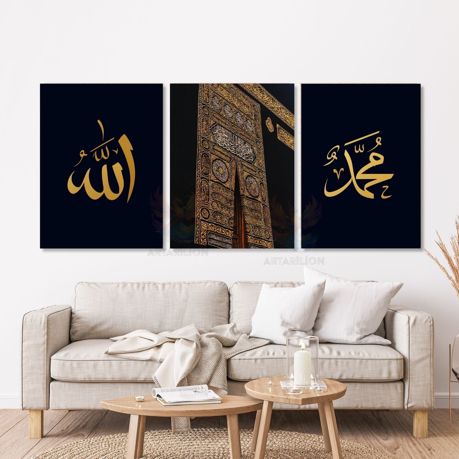 Allah Hz. Muhammed Kabe Kapısı Manevi Dini Dikey 3'lü Kanvas Tablo Seti