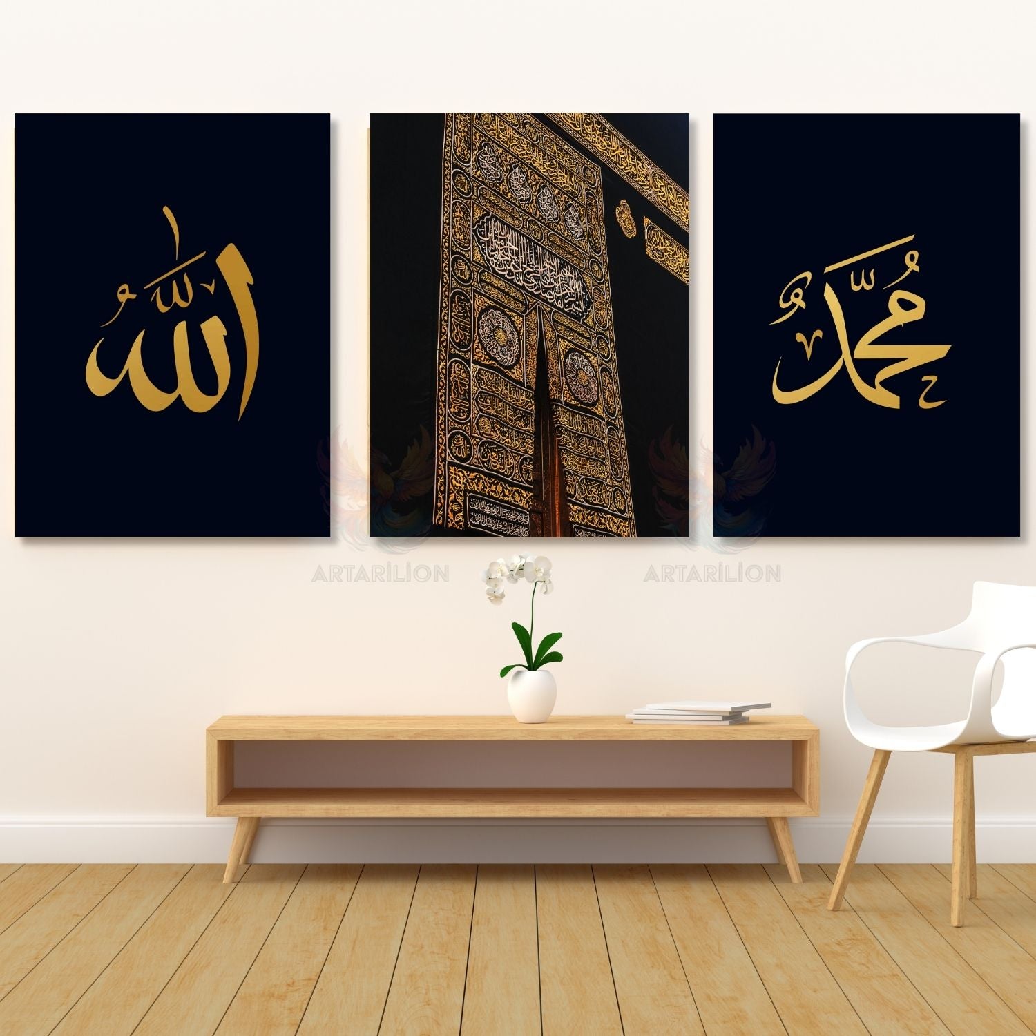 Allah Hz. Muhammed Kabe Kapısı Manevi Dini Dikey 3'lü Kanvas Tablo Seti