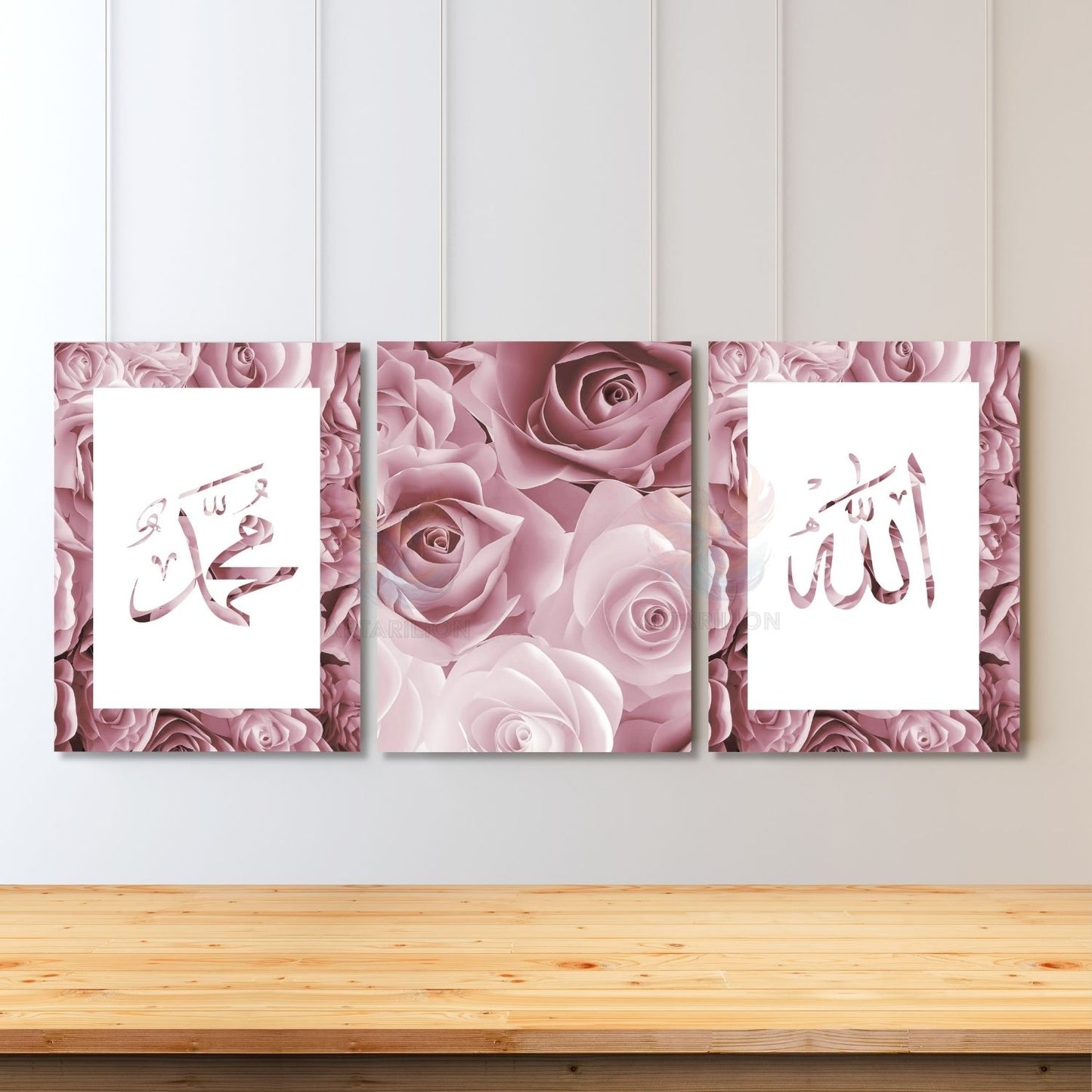 Vertical Triple Canvas Painting: Allah, Prophet Muhammad, Pink Roses, Religious, Islamic, Spiritual Living Room Painting