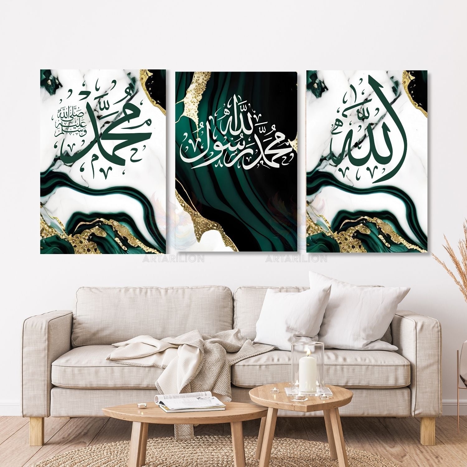 Allah Şahedet Hz Muhammed Dini Manevi İslami Duvar Dikey 3'lü Kanvas Tablo Seti
