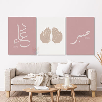 Vertical Triple Canvas Painting: Prayer, Patience, Spiritual, Religious, Peace Wall Art, Pink