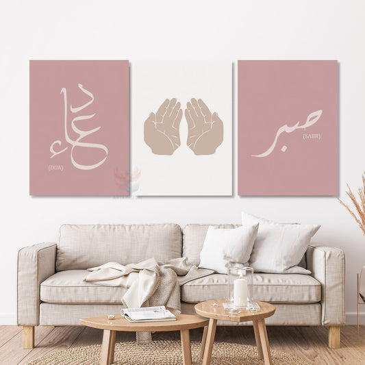 Dikey 3'lü Kanvas Tablo Dua Sabır Manevi Dini Huzur Duvar Tablosu Pembe